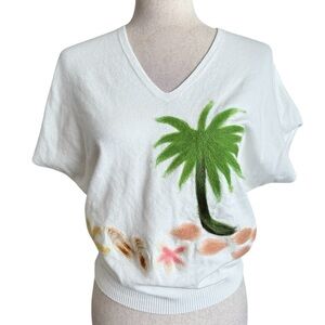 Aaeda White Palm Tree Felted Graphic Knit Blouse
